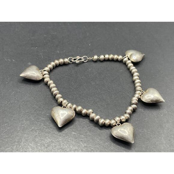 Vintage Silver Tone Bead Ball & Puffed Hearts Charms Bracelet Sz 6 1/4" 11.10g - Picture 3 of 9